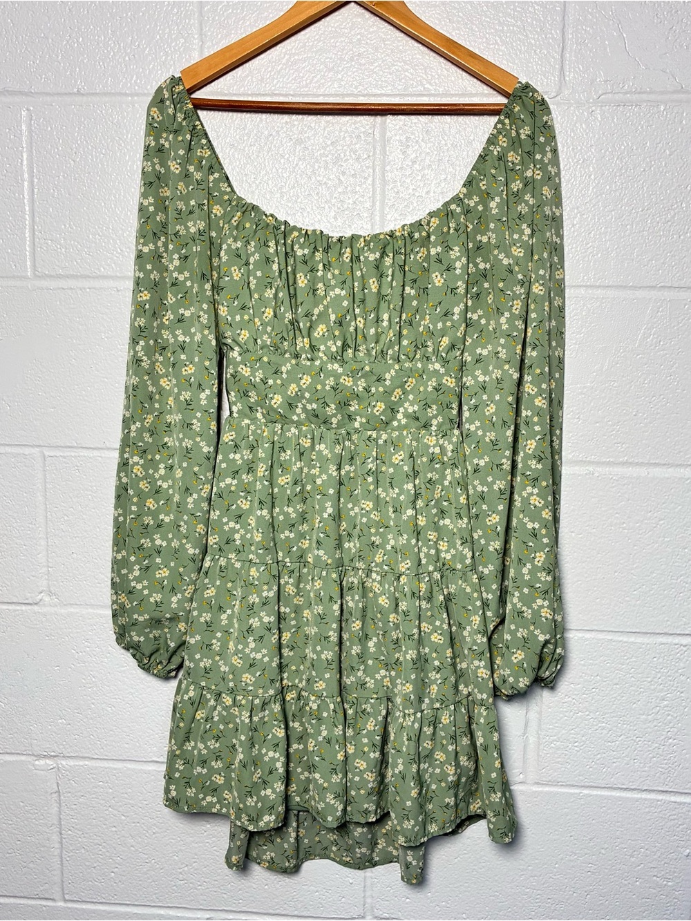 altard state sage green floral bow back long sleeve dress